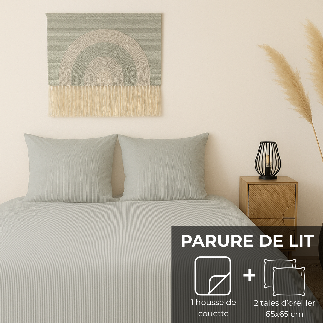 Parure de lit : Housse de couette zippée + 2 taies d'oreiller en percale de coton rayée Agave