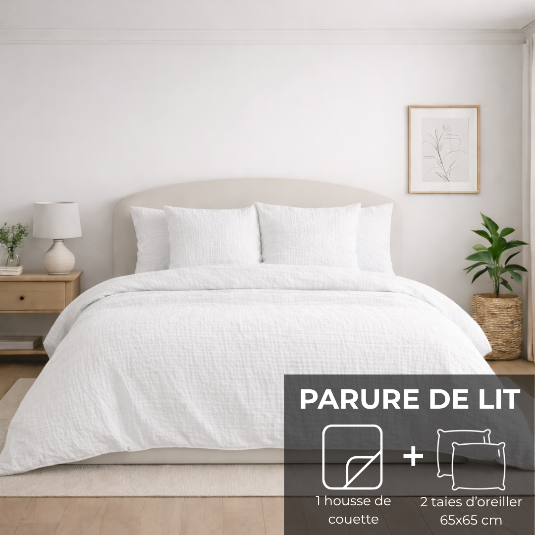 Parure de lit : Housse de couette zippée + 2 taies d'oreiller en gaze de coton Blanc Pur