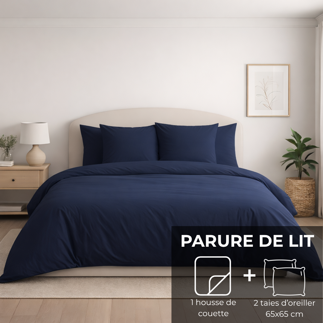 Parure de lit : Housse de couette zippée + 2 taies d'oreiller en percale de coton Atlantic