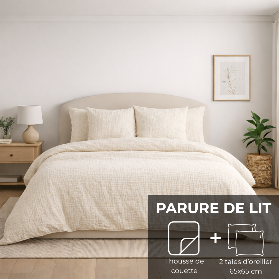 Parure de lit : Housse de couette zippée + 2 taies d'oreiller en gaze de coton Blanc Cassé