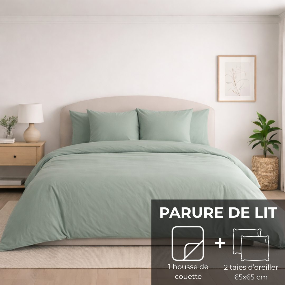 Parure de lit : Housse de couette zippée + 2 taies d'oreiller en percale de coton Agave
