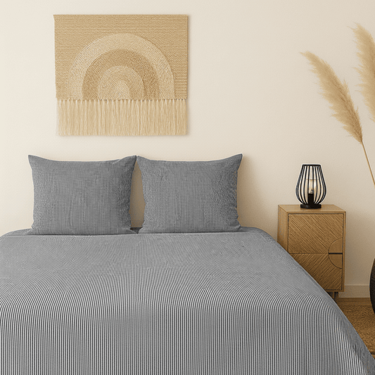 Housse de couette en percale de coton rayée bleu nuit