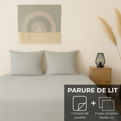 Parure de lit : Housse de couette zippée + 2 taies d'oreiller en percale de coton rayée Agave