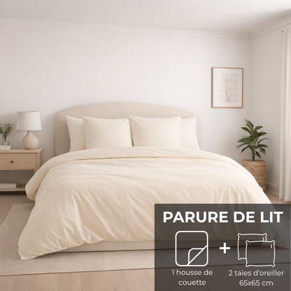 Parure de lit : Housse de couette zippée + 2 taies d'oreiller en percale de coton Blanc Cassé