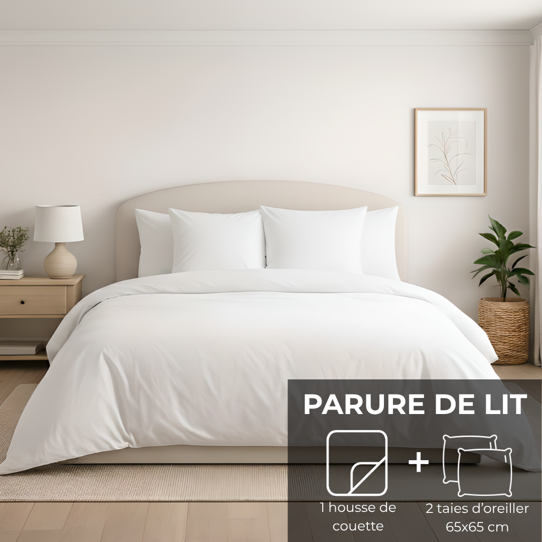 Parure de lit : Housse de couette zippée + 2 taies d'oreiller en percale de coton Blanc Pur