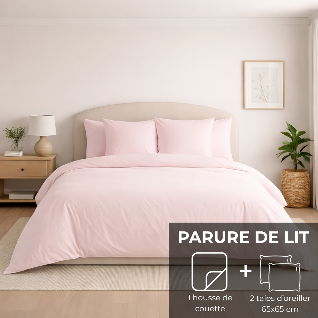 Parure de lit : Housse de couette zippée + 2 taies d'oreiller en percale de coton Perle de Rosée