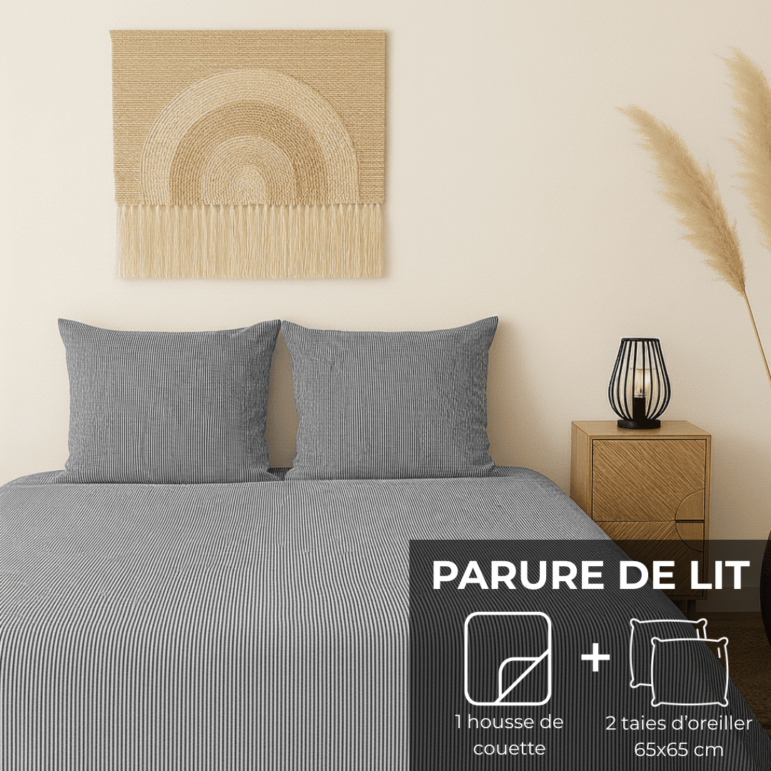 Parure de lit : Housse de couette zippée + 2 taies d'oreiller en percale de coton rayée bleu nuit