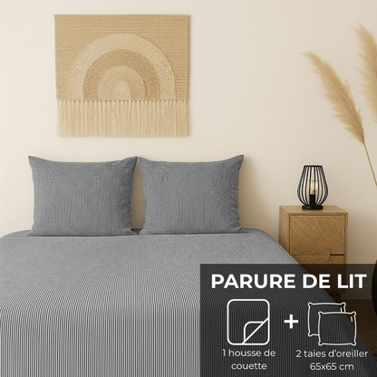 Parure de lit : Housse de couette zippée + 2 taies d'oreiller en percale de coton rayée bleu nuit