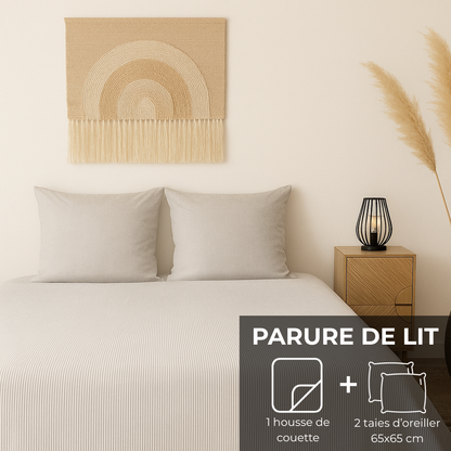 Parure de lit : Housse de couette zippée + 2 taies d'oreiller en percale de coton rayée grise