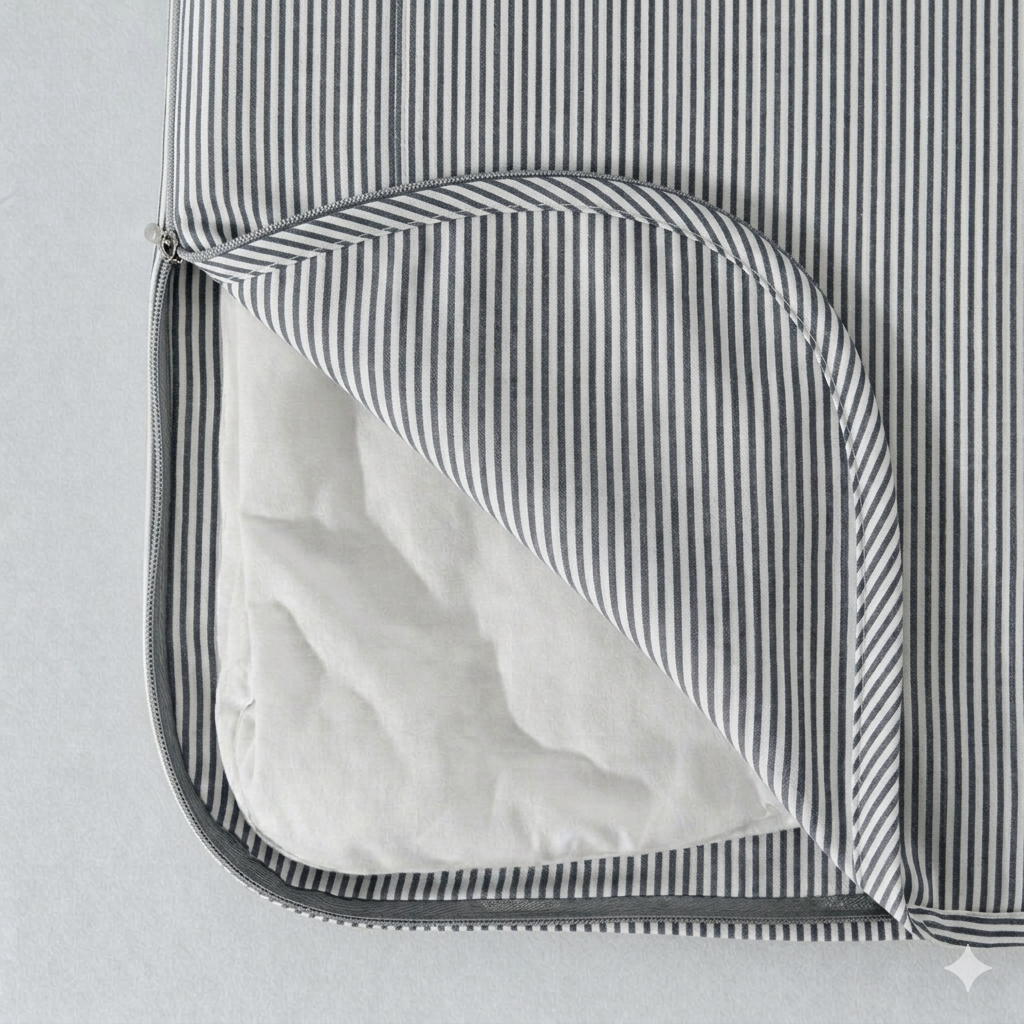 Parure de lit : Housse de couette zippée + 2 taies d'oreiller en percale de coton rayée bleu nuit